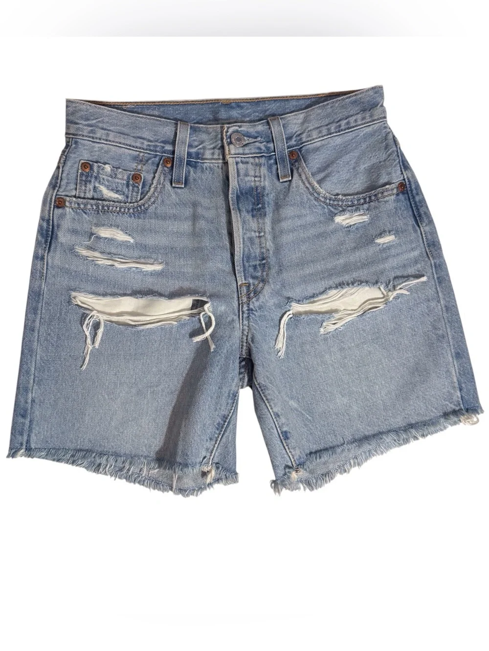 Levis Womens 501 Longline Cutoff Denim Shorts Size 25 Button Fly Jeans Boho